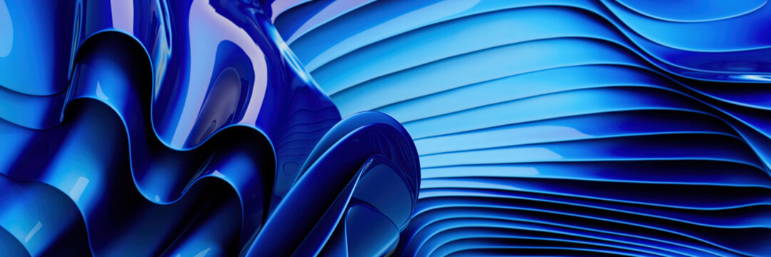 Abstract Blue Fluid Waves with Dynamic Curves in Motion