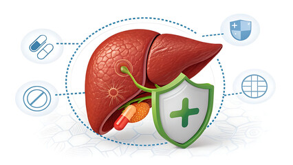 3d illustration of healthy human liver in protective circle with shield icon and pill