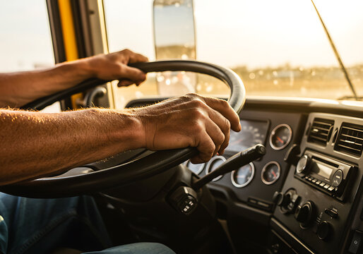 Close-up shot of a truck driver's hands gripping the steering wheel during the drive.
