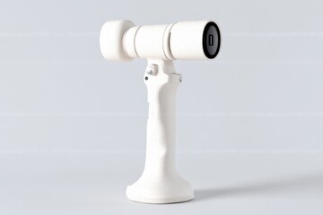 Fototapeta premium White minimalist handheld scanner device stands on a clean grey studio background.
