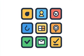 Flat square grid of colorful UI icons with checkmarks and clocks