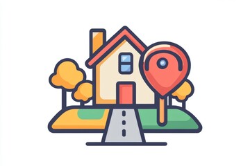 Naklejka premium House with red location pin in autumn trees and clean street layout