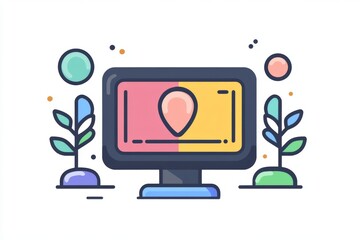 Computer monitor with map pin symbol and abstract interface design
