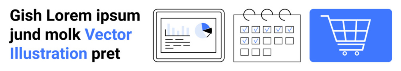 Analytical dashboard with charts, calendar checklist for planning, and shopping cart symbolizing e-commerce. Ideal for business, e-commerce, productivity, planning, marketing, finance simple landing