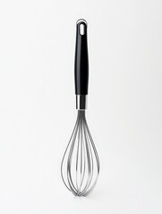 Stainless steel whisk with a sleek black handle, isolated on a white background for culinary use
