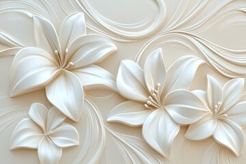 Ornate three-dimensional floral design in soft cream tones.