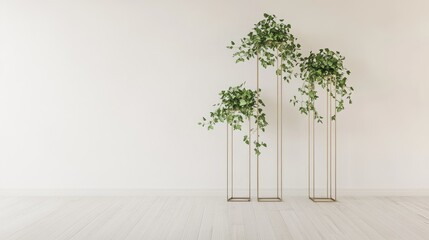 Obraz premium Alternating height plant stands with greenery against a blank wall