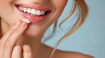 Obraz premium Woman applying lip balm highlighting healthy lips and teeth