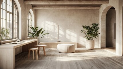 Fototapeta premium Calm open office atmosphere with pale colors and plant dcor