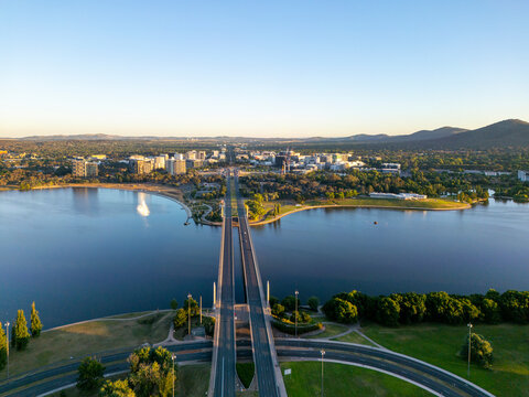 Aerial view of Canberra with prominent roads and the Molonglo River