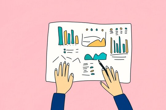 Hand-drawn data analysis on a pink background illustration