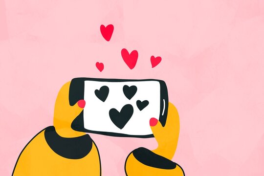 Naklejki Hand Holding Phone with Hearts on Pink Background Illustration