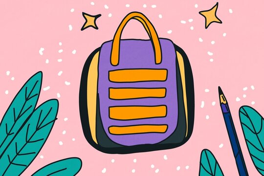 Colorful backpack illustration on pink background with stars