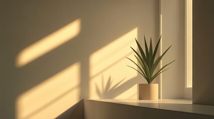 Modern interior corner with small plant on angular shelf