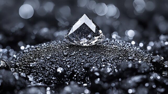 Sparkling diamond atop a pile of coarse black rocks