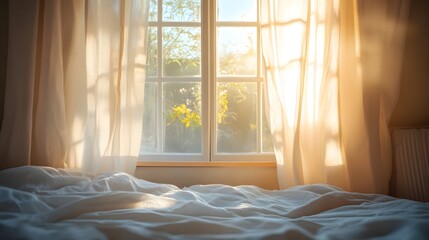 Sunlight shines through the white curtains in the cozy bedroom
