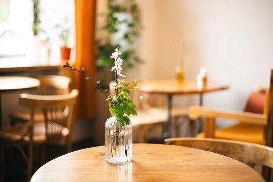 Peaceful cafe scene with flowers on a wooden table