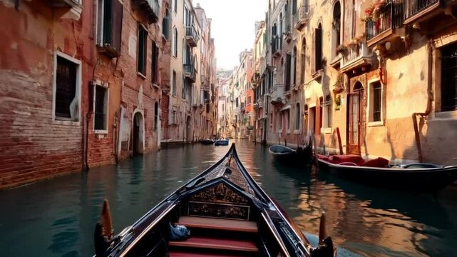 Gondola glides through narrow Venetian canal at sunset. POV. Gentle motion. 4K.
