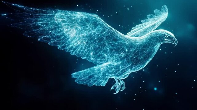 Futuristic digital eagle formed by glowing data streams. Subtle camera movement. 4K.
