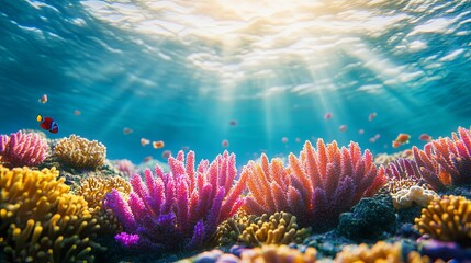 Obraz premium Vibrant coral reef scene under the sunlit ocean.