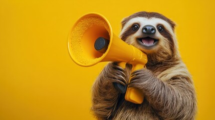Enthusiastic sloth making announcement using yellow megaphone against bright background