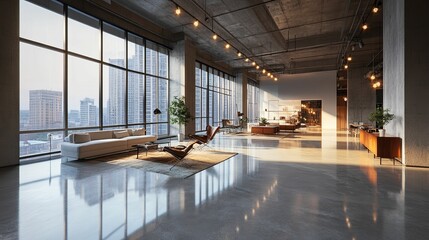 Spacious, modern loft interior with city views.