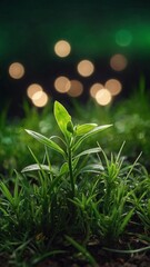 Small green plant with mysterious lights over the green grass background