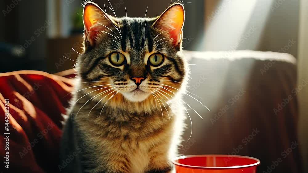 Wall mural a tabby cat with bright eyes is captured in a sunbeam against a warm indoor setting. its fur pattern