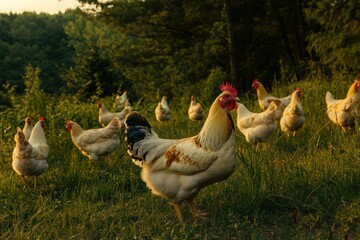 Rooster leading hens in pasture sunset