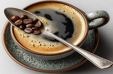 Fototapeta premium Top view of coffee cup with coffee on transparent background
