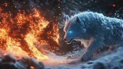 Obraz premium Clash of Elements: A Fiery Wolf Confronts an Ice Wolf in a Snowy Landscape