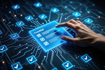 Business compliance of document management. Document or file icons and checkmark. Businessman stored documents on server according to law.