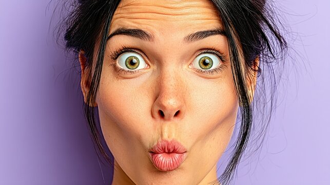 Surprised woman with wide eyes and pursed lips