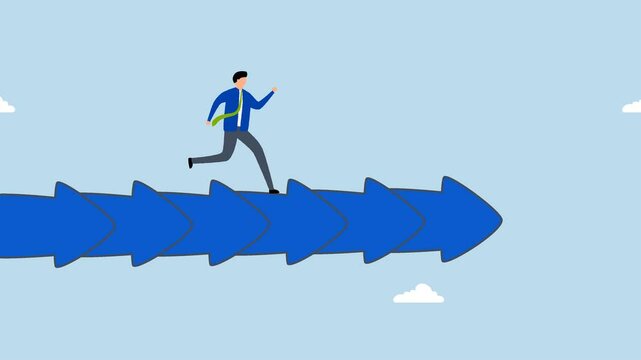 Consistency to growth, 4k animation of businessman walk slowly on steady consistence arrow.