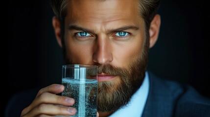 Man with a beard holding a glass of water closeup portrait health and wellness drinking wat
