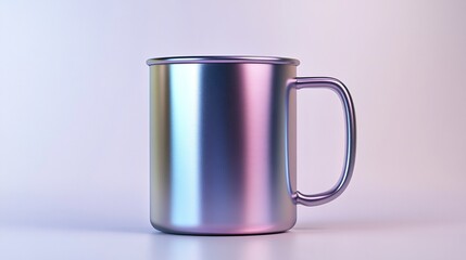 Iridescent metallic mug on white background.