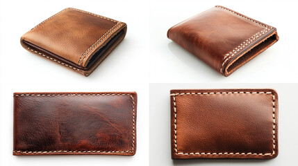 Four views of a brown leather wallet. (1)