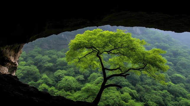 Lush green tree emerging from cave