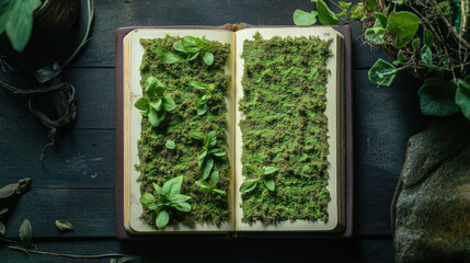 Green food arrangement on wooden surface