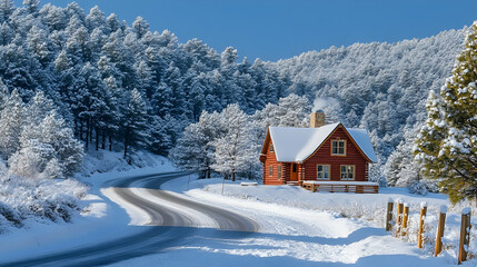 Naklejka premium Red cabin, snowy road, winter forest