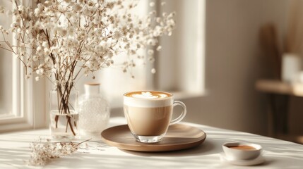 Fototapeta premium A beautiful glass filled with cappuccino, placed near a vase, natural aesthetics. generative ai