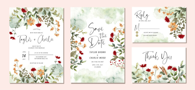 wedding invitation set with red yellow floral garden watercolor frame