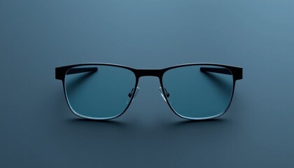 Sleek Eyewear: Modern Frames with Reflective Lenses on a Plain Blue Backdrop, Contemporary Style for Vision Correction