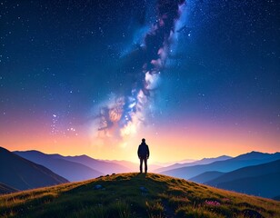 Fototapeta premium Man silhouetted against a breathtaking Milky Way galaxy over majestic mountains at sunset. A sense of awe and wonder.
