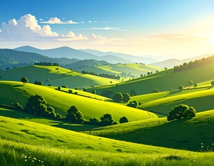 Obraz premium Idyllic sunrise over rolling green hills and valleys. Perfect for nature, travel, and landscape projects.