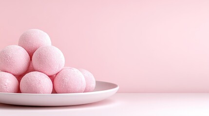 Fototapeta premium Pink spherical objects arranged on a white plate against a soft pink background, minimalist composition with pastel tones, and studio shot.