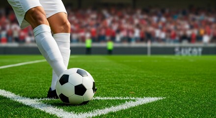 A soccer ball on the corner of the field near a player's legs ready to kick with a crowd in background
