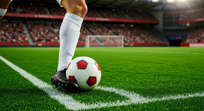 A soccer player ready to kick the ball on the field with crowd in the background and bright stadium lights - Powered by Adobe