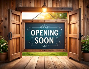 Wooden doors open to reveal a chalkboard sign reading "Opening Soon" against a sunlit backdrop. Ideal for businesses announcing their grand opening.