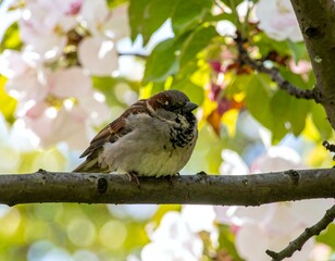 A House Sparrow perched on a branch, amidst the soft, blurred blossoms of a flowering tree.